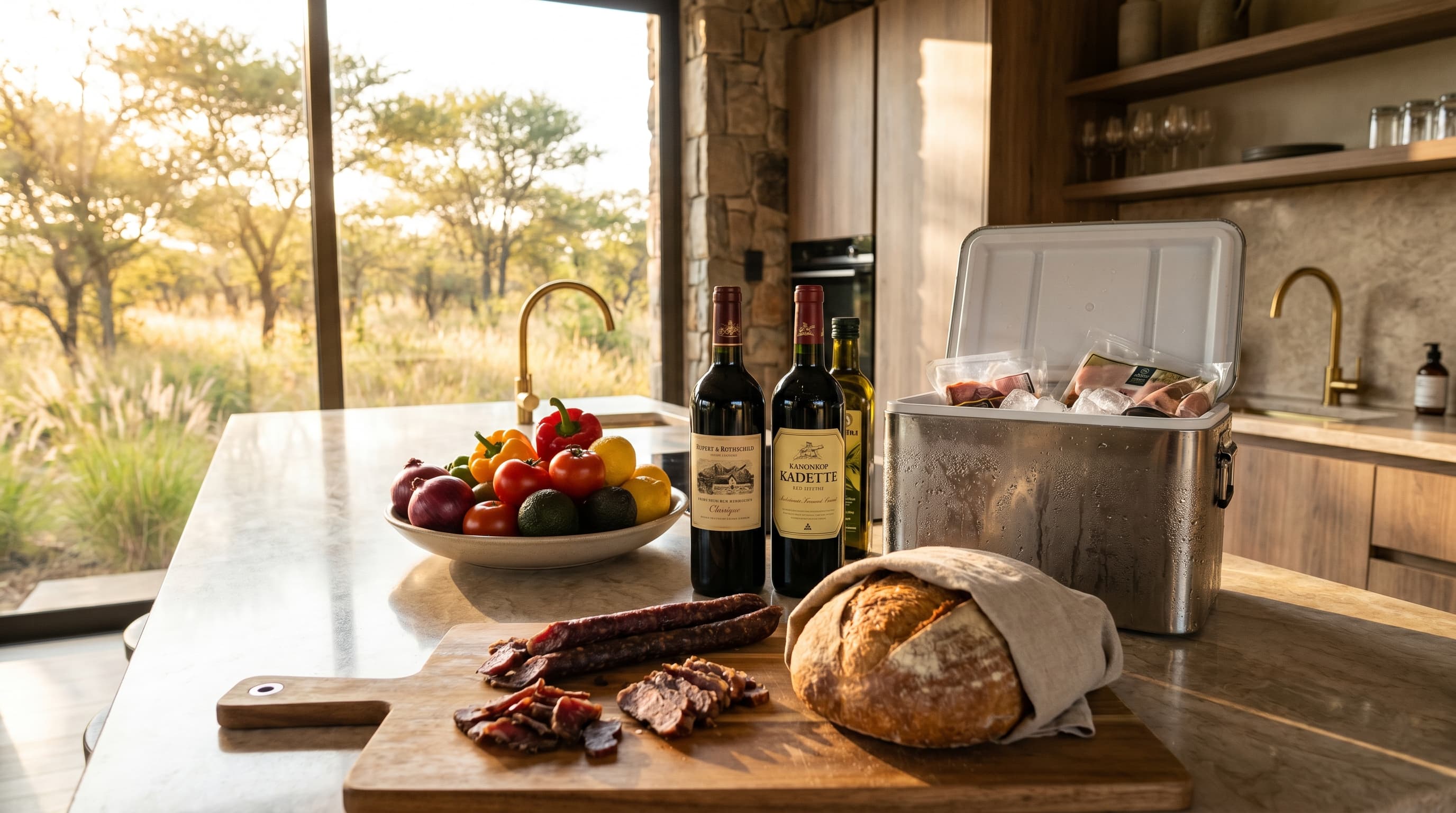 Fresh groceries, biltong, bread, and wine on a safari villa kitchen counter overlooking the bushveld